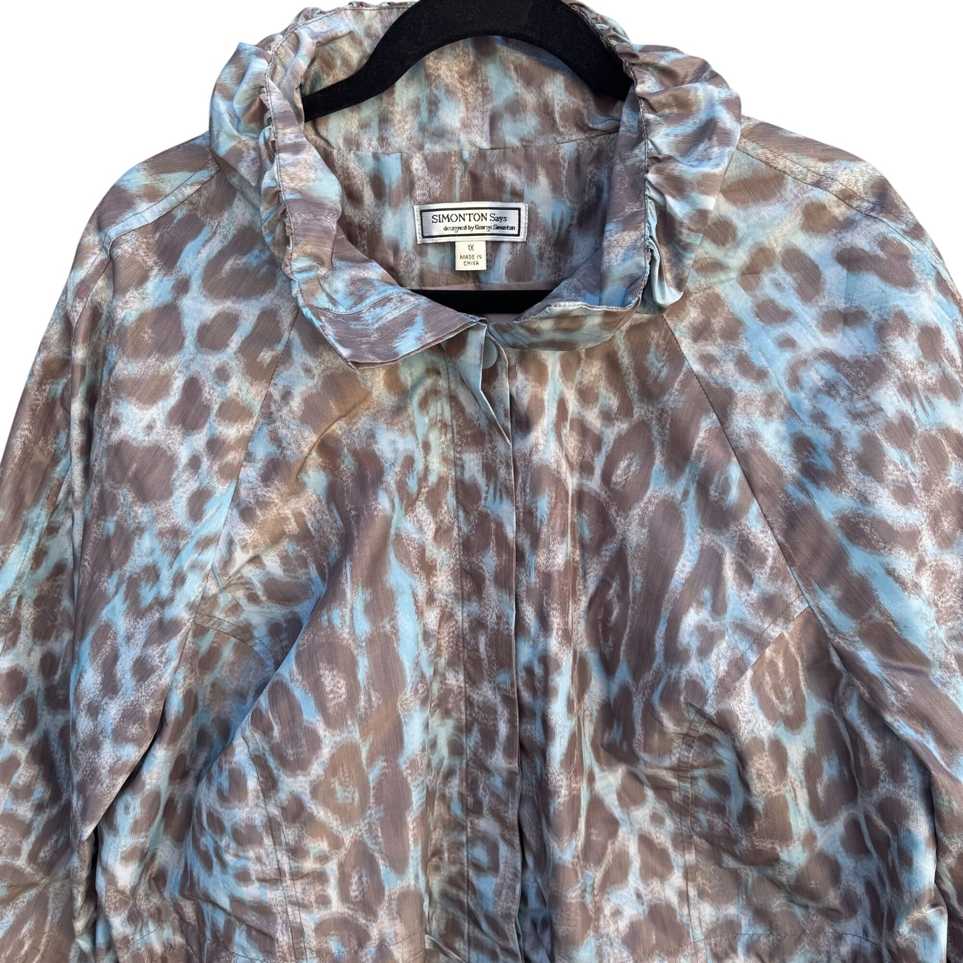 Simonton Says Leopard Print Watercolor Drawstring Waist Windbreaker Jacket 1X