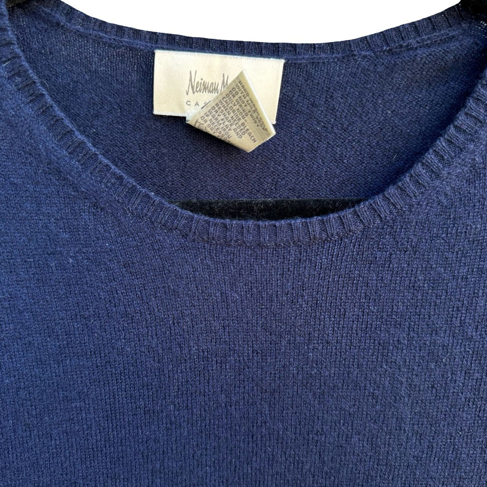 Neiman Marcus Cashmere Quiet Luxury Old Money Minimalist Crewneck Sweater Navy M