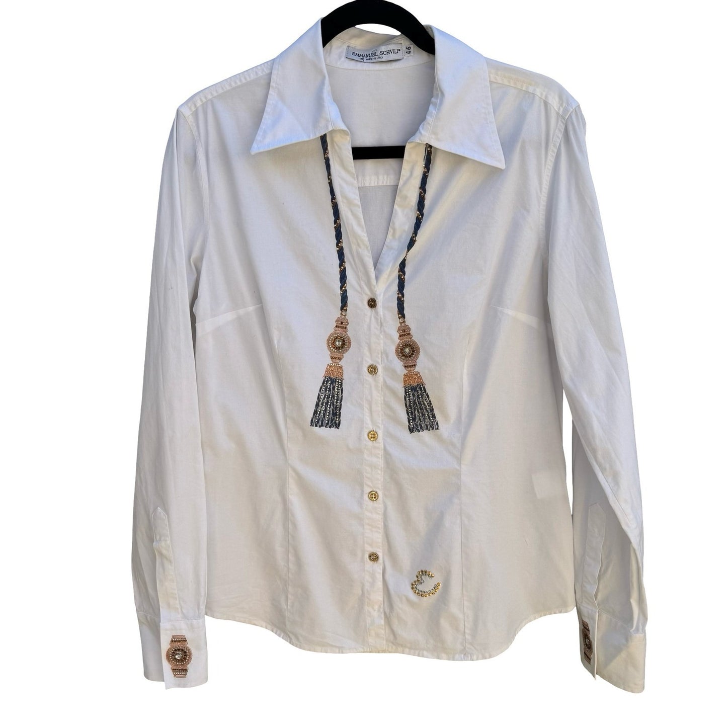 Emmanuel Schvili Trompe L'Oeil Beaded Painted Tassel Italian Luxury Shirt 46/L