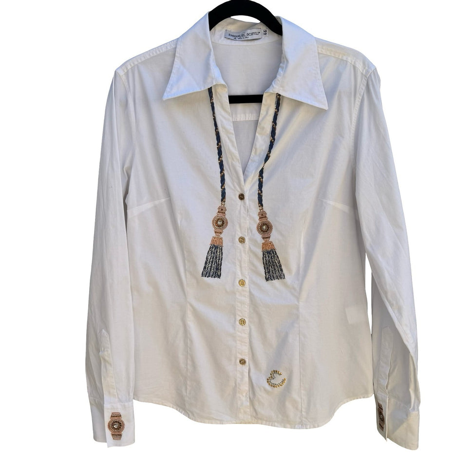 Emmanuel Schvili Trompe L'Oeil Beaded Painted Tassel Italian Luxury Shirt 46/L