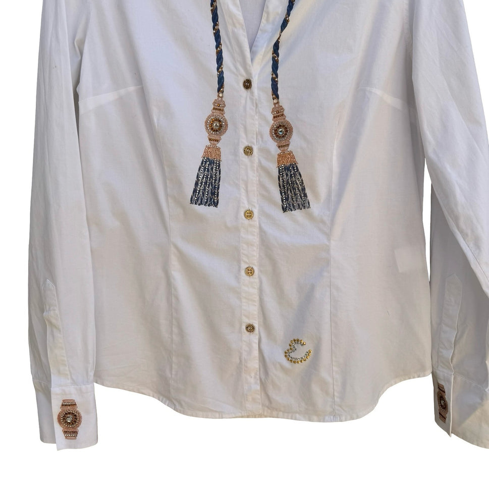Emmanuel Schvili Trompe L'Oeil Beaded Painted Tassel Italian Luxury Shirt 46/L