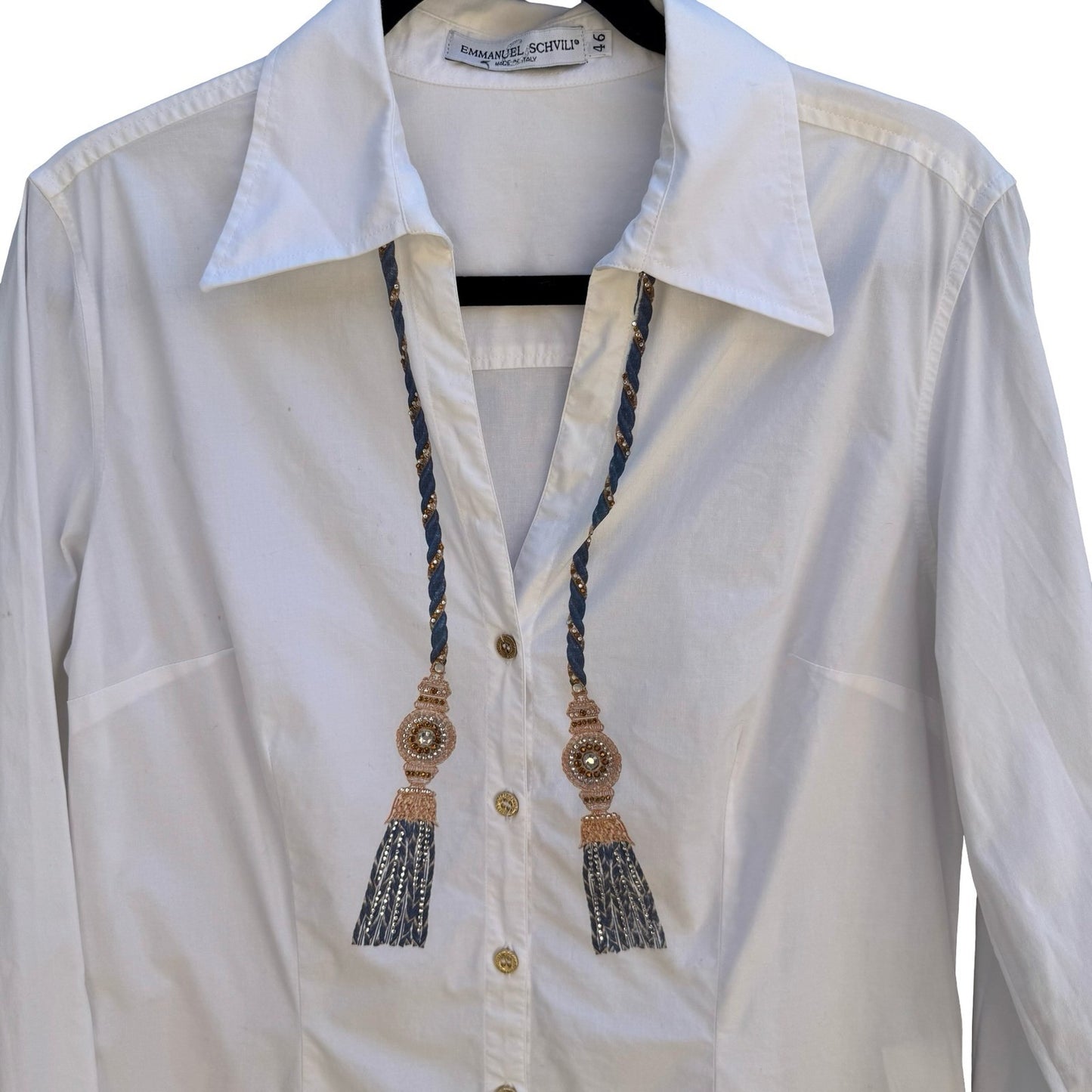Emmanuel Schvili Trompe L'Oeil Beaded Painted Tassel Italian Luxury Shirt 46/L