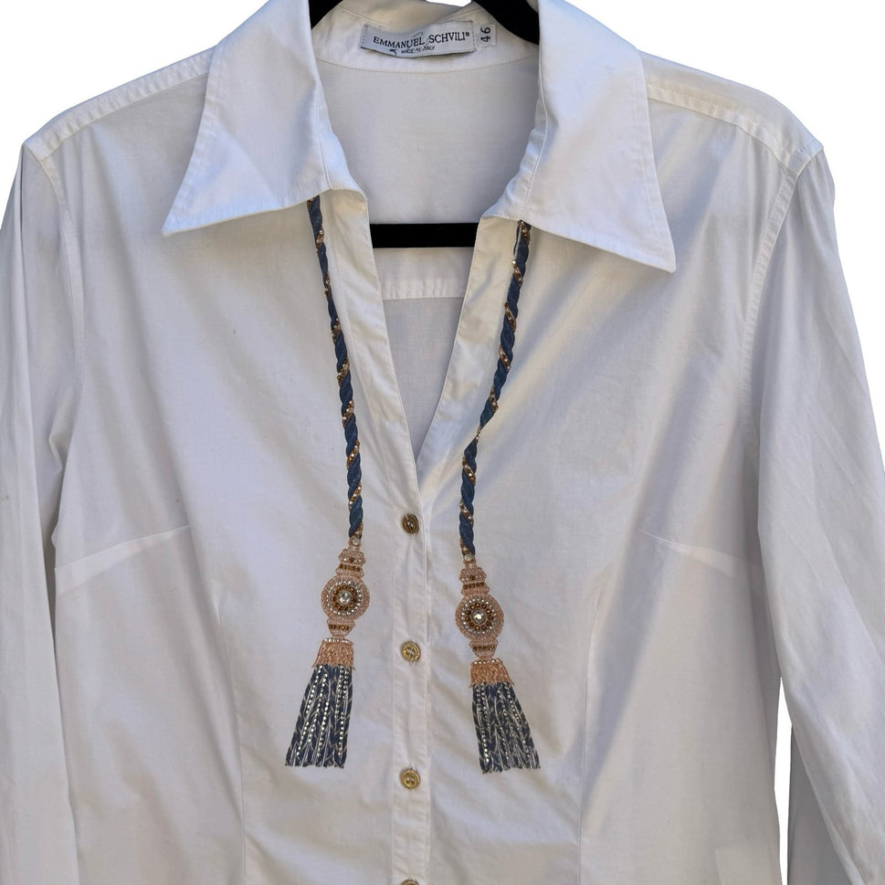 Emmanuel Schvili Trompe L'Oeil Beaded Painted Tassel Italian Luxury Shirt 46/L