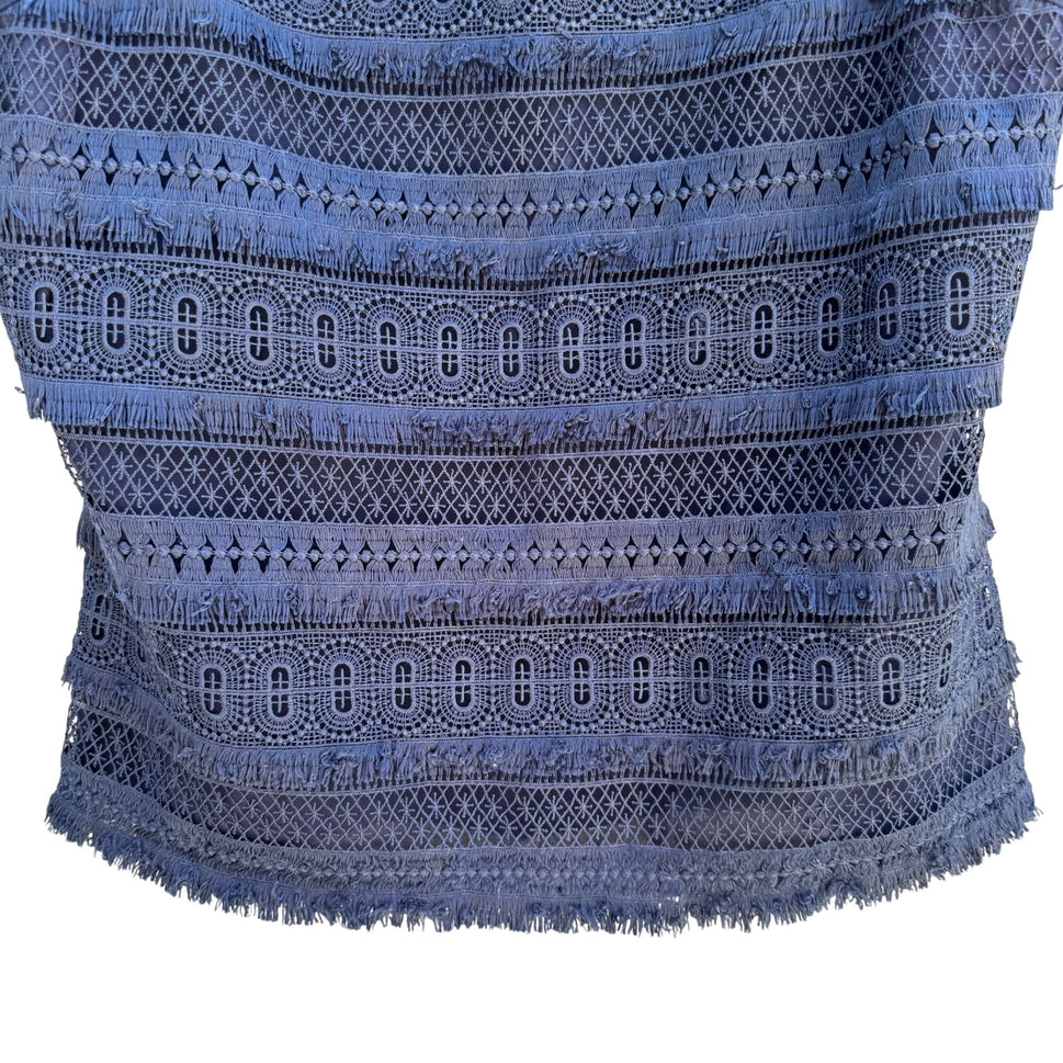 Banana Republic Womens Navy Sleeveless Lace Crochet Fringe Overlay Blouse Top S