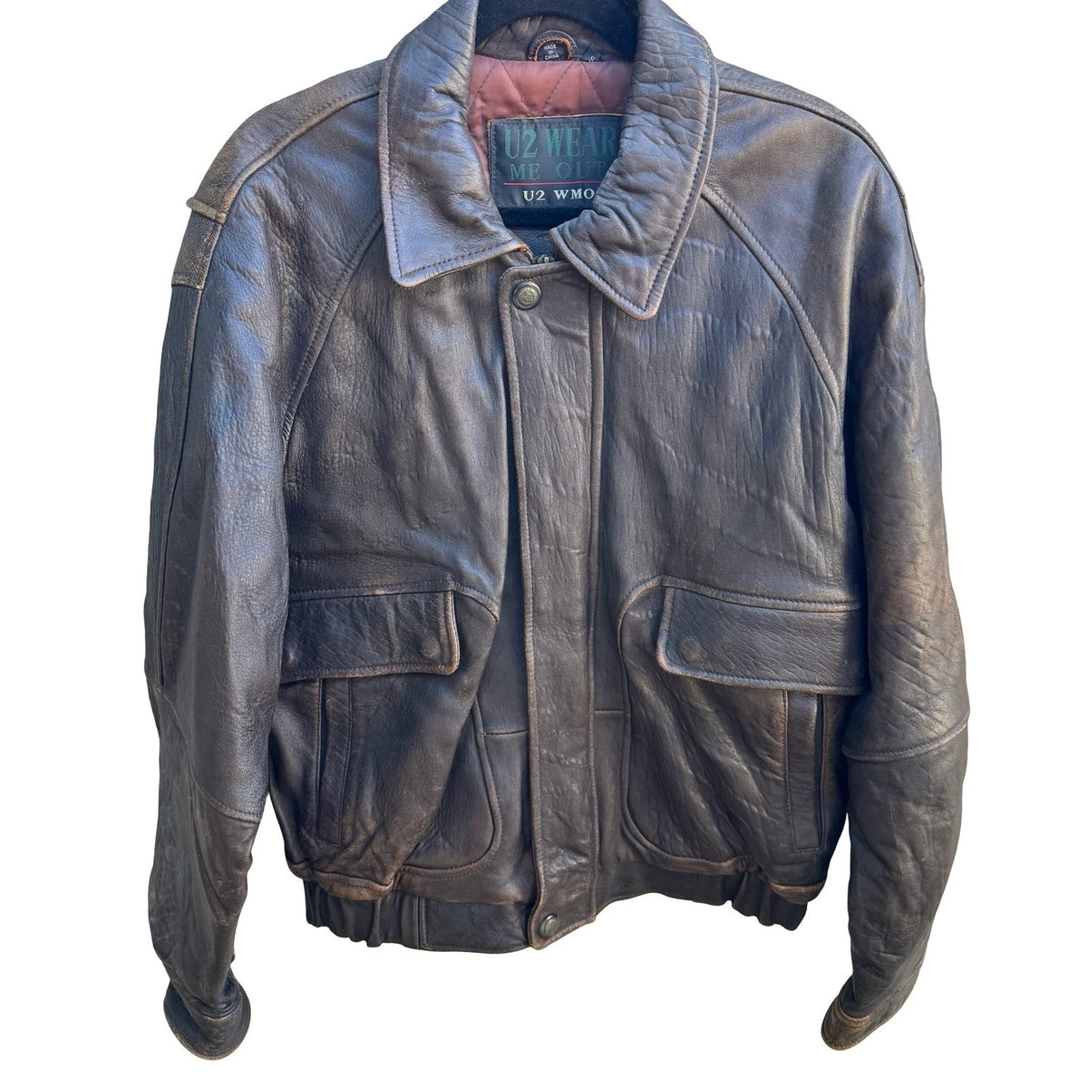 U2 Wear Me Out Vintage Distressed Leather Biker Moto Aviator Bomber Jacket Mens