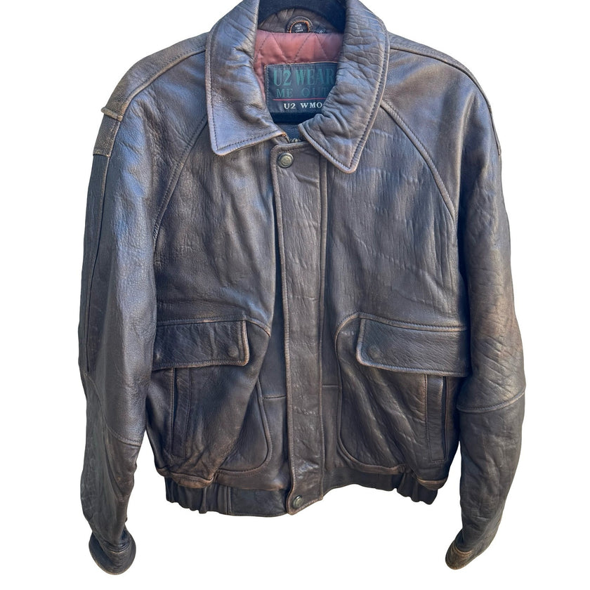 U2 Wear Me Out Vintage Distressed Leather Biker Moto Aviator Bomber Jacket Mens