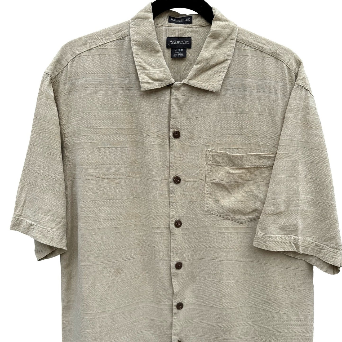 St Johns Bay Mens M Tan Washable Silk Short Sleeve Camp Shirt Stripe Coastal