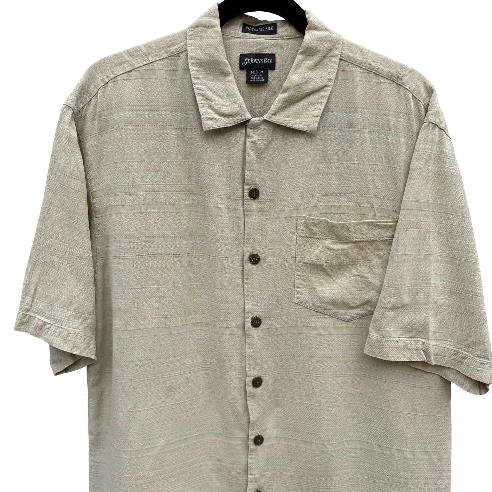 St Johns Bay Mens M Tan Washable Silk Short Sleeve Camp Shirt Stripe Coastal
