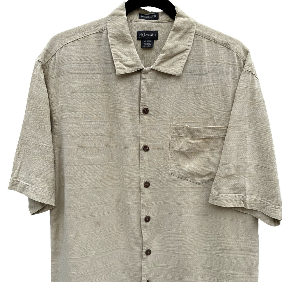St Johns Bay Mens M Tan Washable Silk Short Sleeve Camp Shirt Stripe Coastal