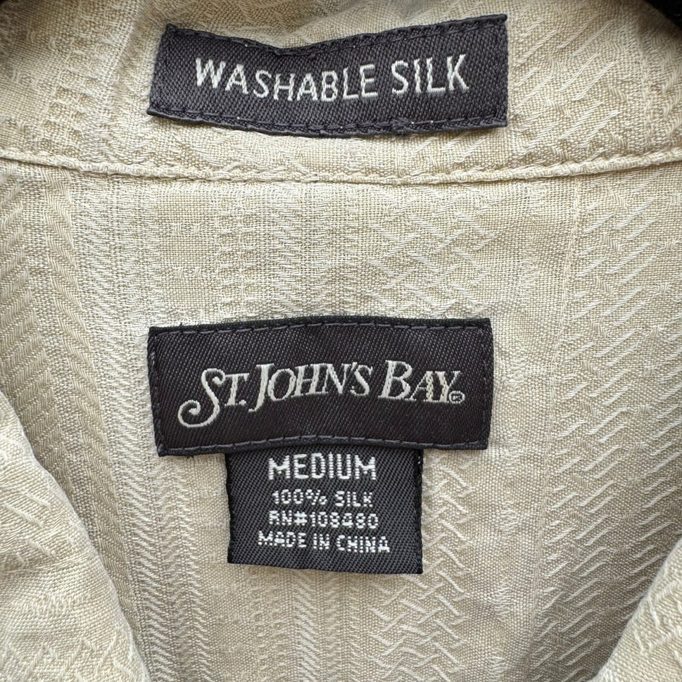 St Johns Bay Mens M Tan Washable Silk Short Sleeve Camp Shirt Stripe Coastal