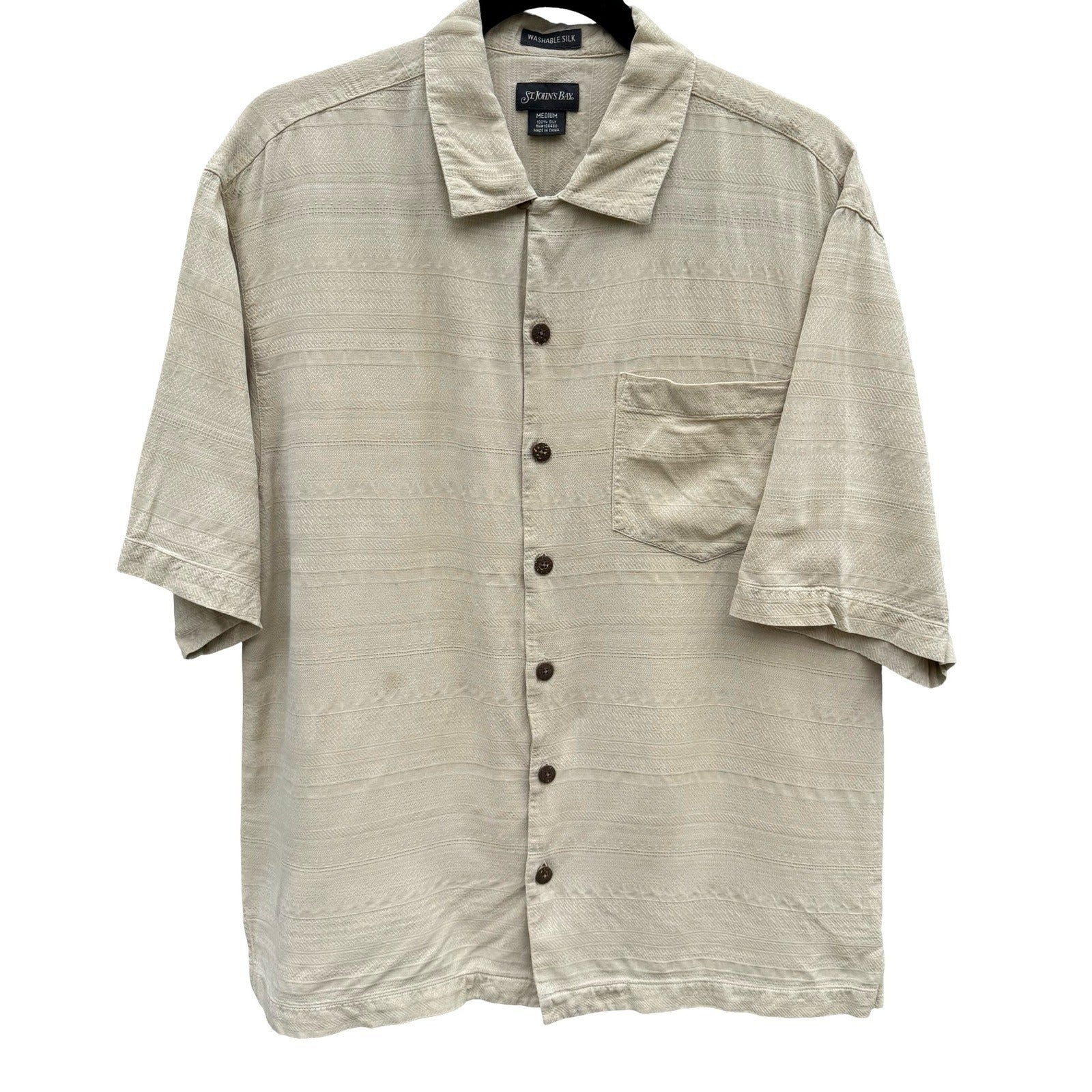 St Johns Bay Mens M Tan Washable Silk Short Sleeve Camp Shirt Stripe Coastal