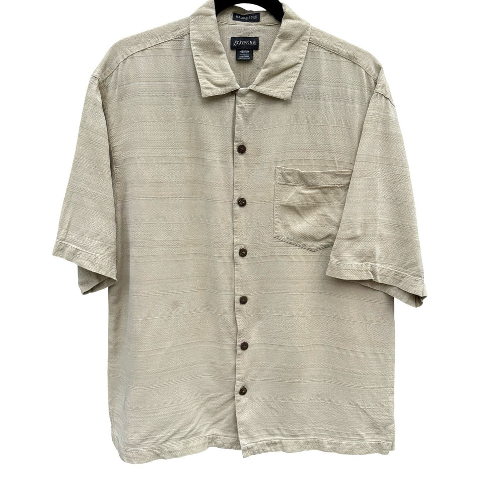 St Johns Bay Mens M Tan Washable Silk Short Sleeve Camp Shirt Stripe Coastal