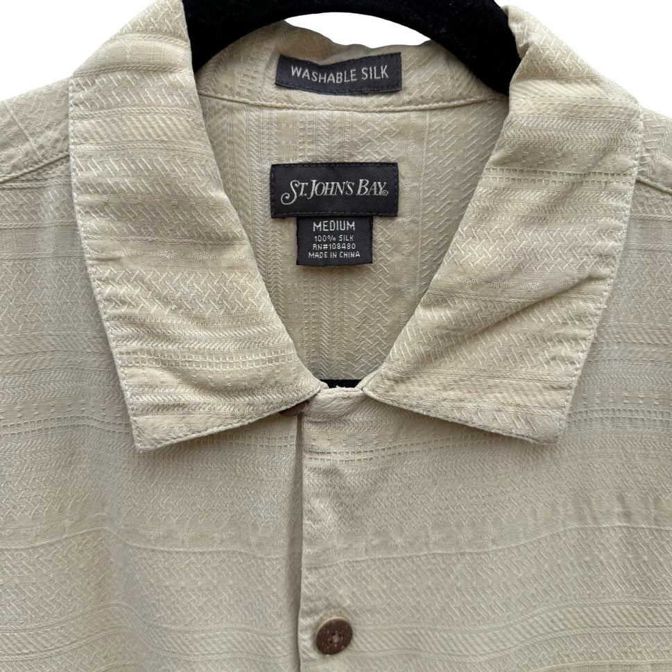 St Johns Bay Mens M Tan Washable Silk Short Sleeve Camp Shirt Stripe Coastal