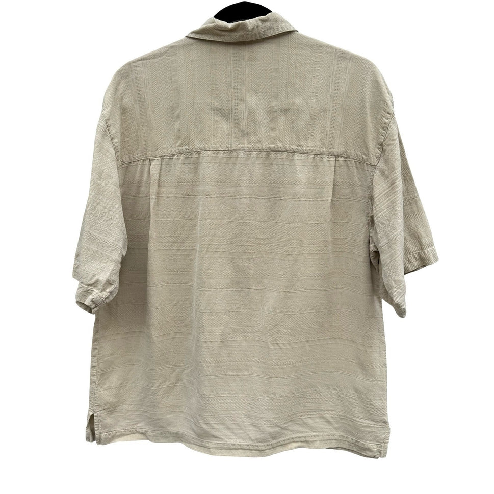 St Johns Bay Mens M Tan Washable Silk Short Sleeve Camp Shirt Stripe Coastal