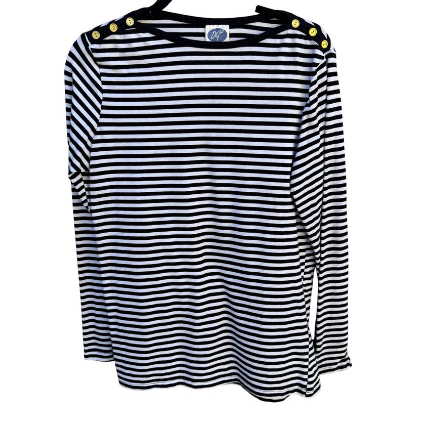 Diane Gilman DG2 Womens Black White Striped Boat Neck Gold Button Long Sleeve M