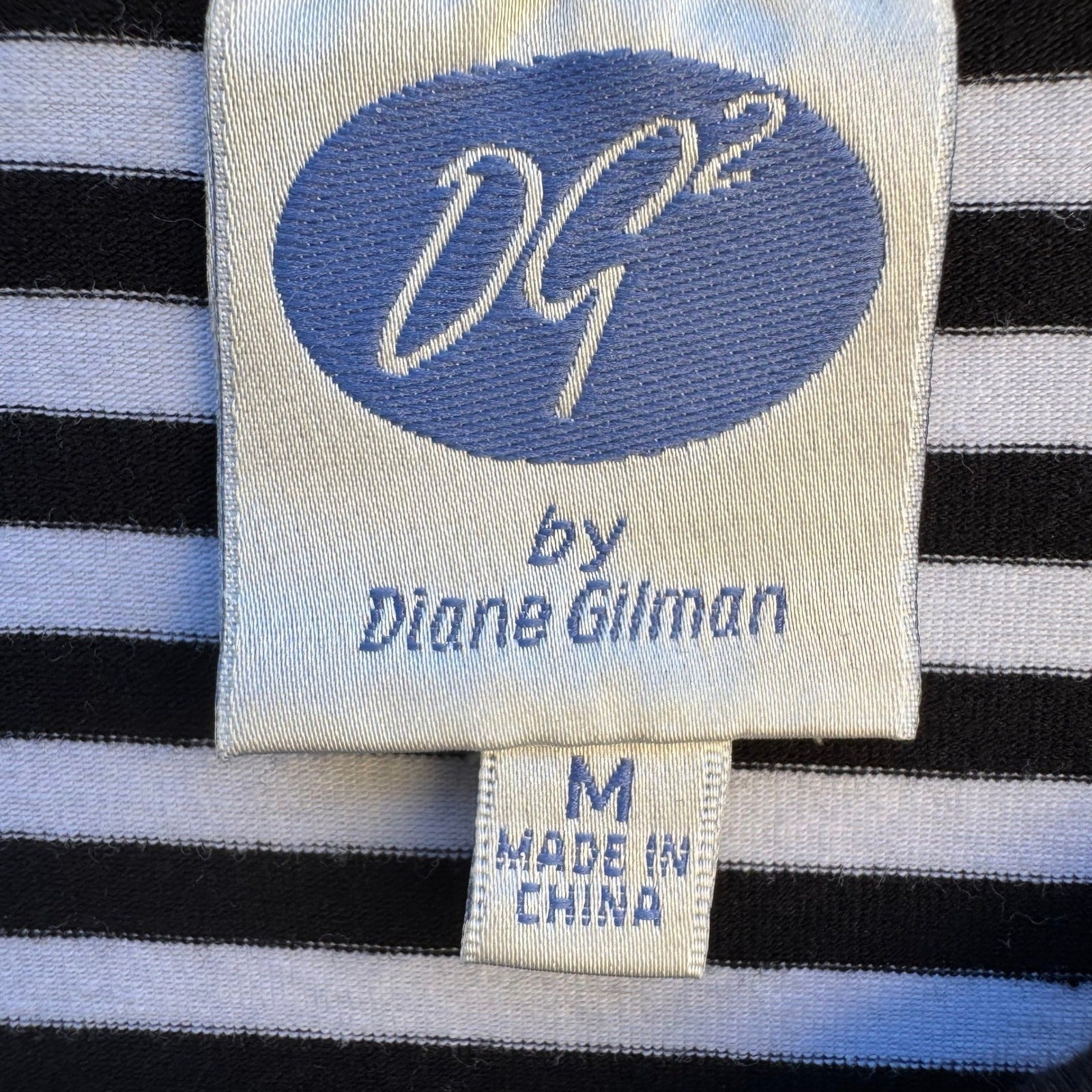 Diane Gilman DG2 Womens Black White Striped Boat Neck Gold Button Long Sleeve M