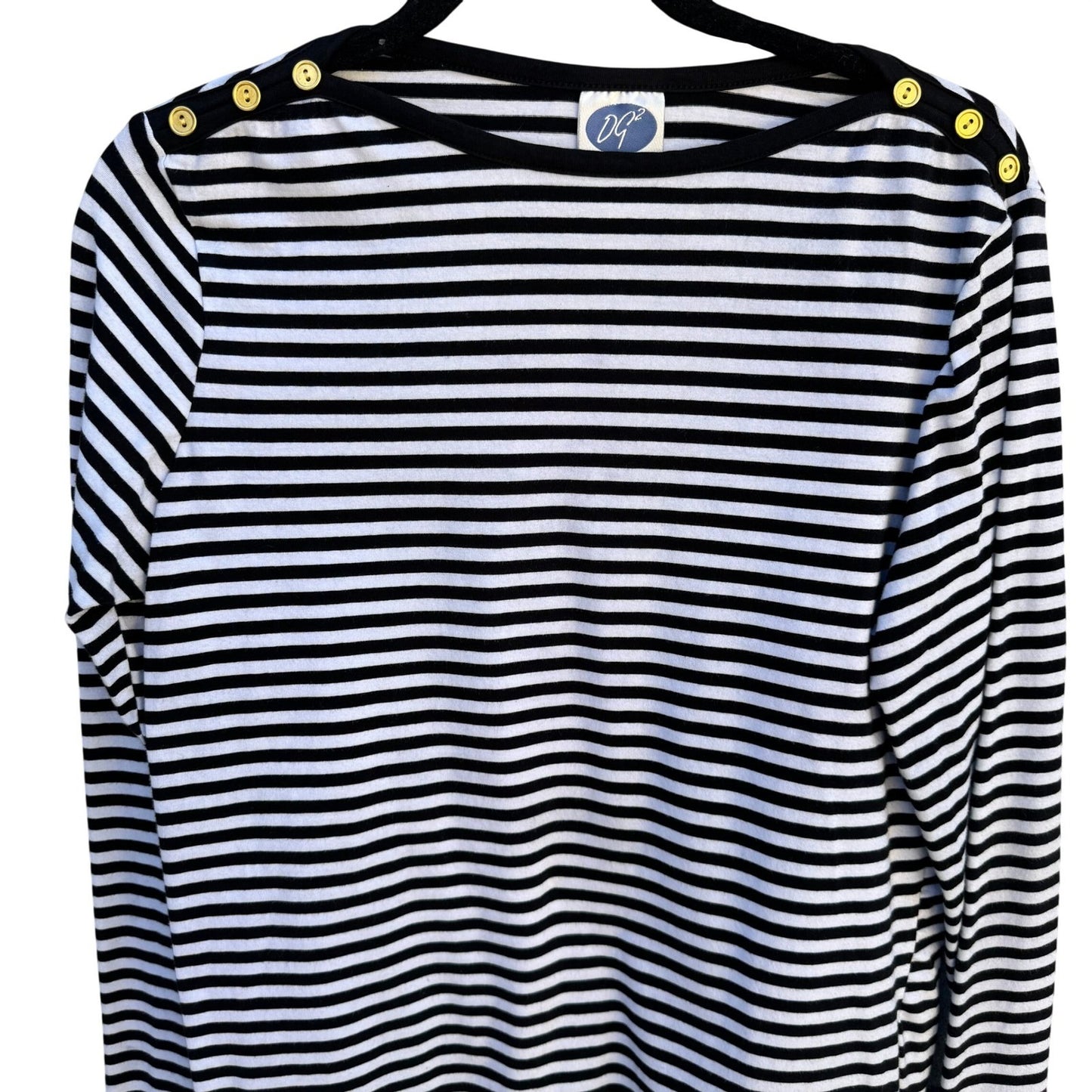 Diane Gilman DG2 Womens Black White Striped Boat Neck Gold Button Long Sleeve M