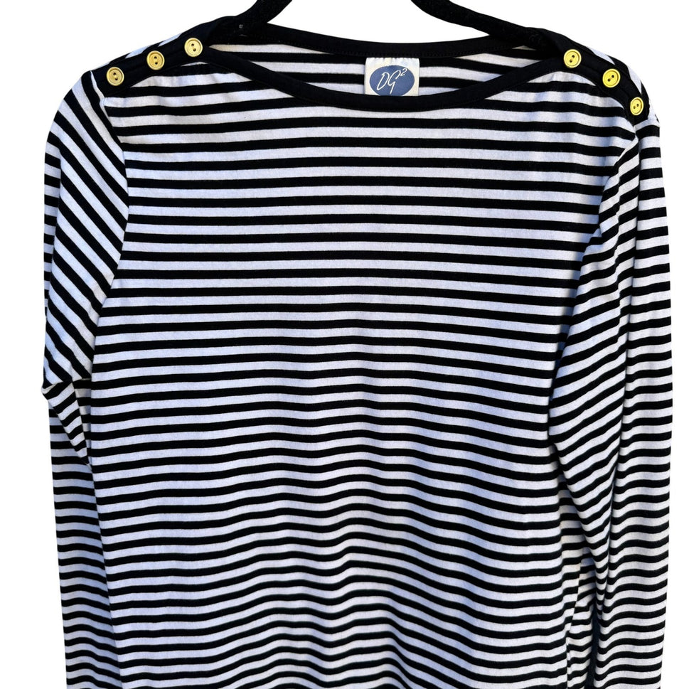 Diane Gilman DG2 Womens Black White Striped Boat Neck Gold Button Long Sleeve M