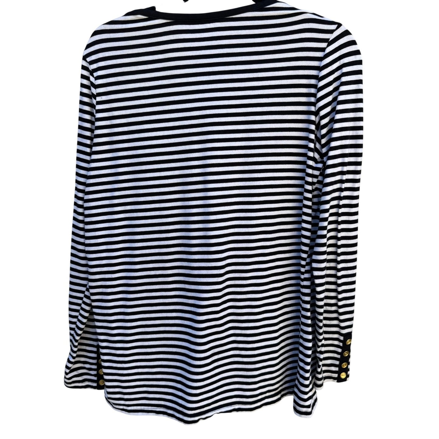 Diane Gilman DG2 Womens Black White Striped Boat Neck Gold Button Long Sleeve M
