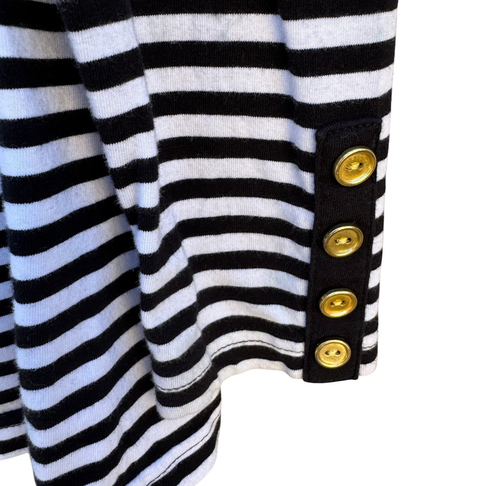 Diane Gilman DG2 Womens Black White Striped Boat Neck Gold Button Long Sleeve M