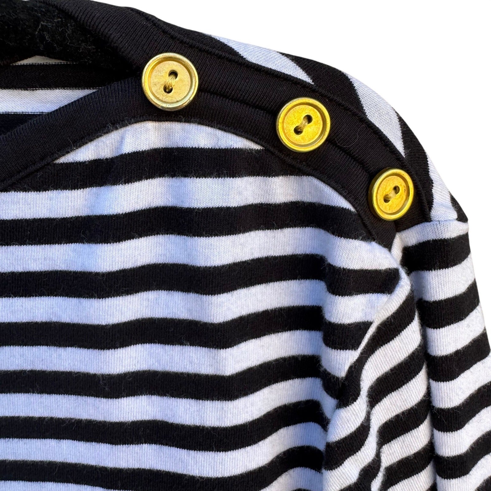 Diane Gilman DG2 Womens Black White Striped Boat Neck Gold Button Long Sleeve M