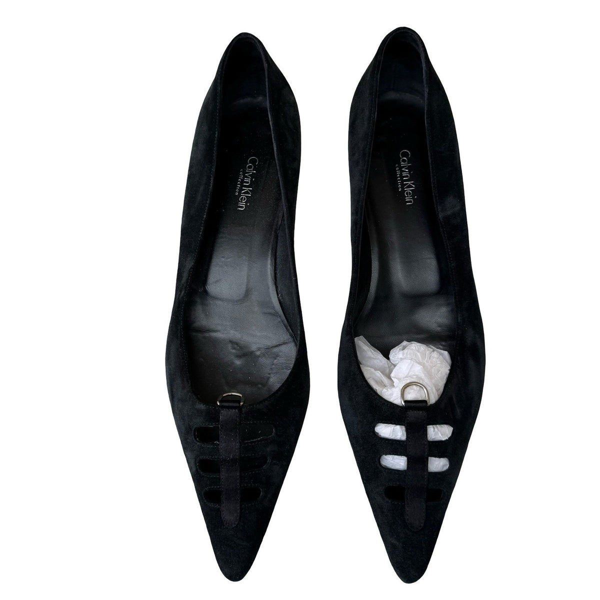 Calvin Klein Italian Suede Cutout Ring Pointed Toe Kitten Heel Black Womens 10M