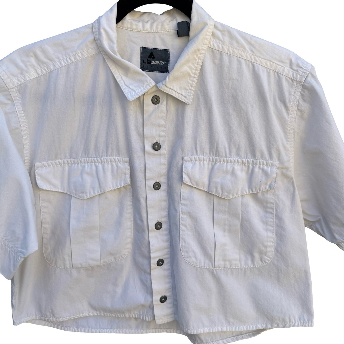 Lizwear Vintage 80s White Cotton Cropped Short Sleeve Utility Button Down Shirt