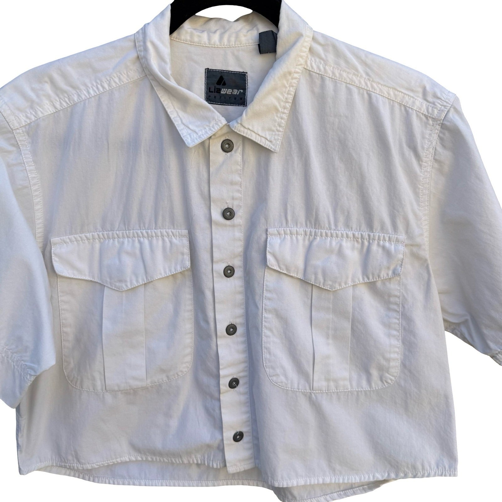 Lizwear Vintage 80s White Cotton Cropped Short Sleeve Utility Button Down Shirt