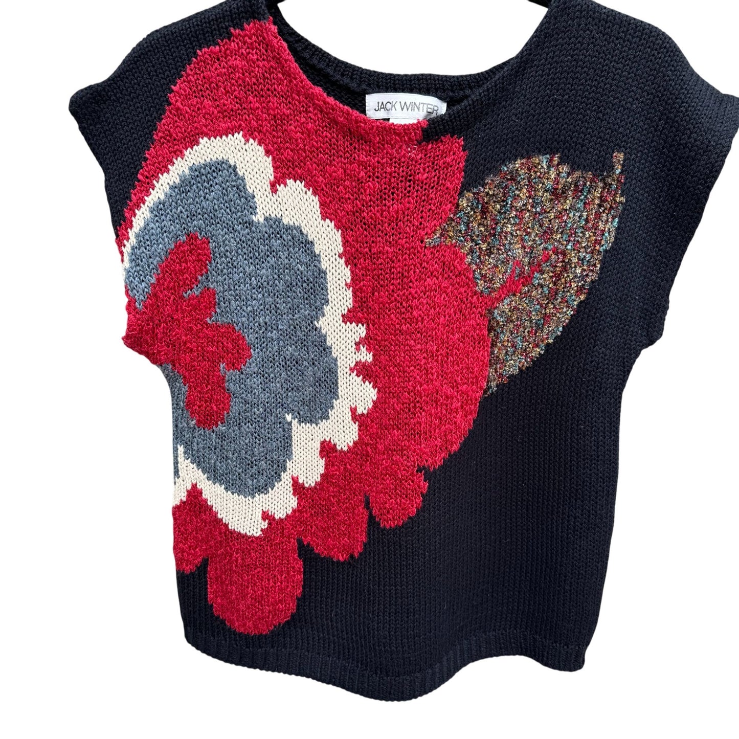 Jack Winter Vintage Womens Floral Knit Black Red Gray Short Sleeve Sweater Top S