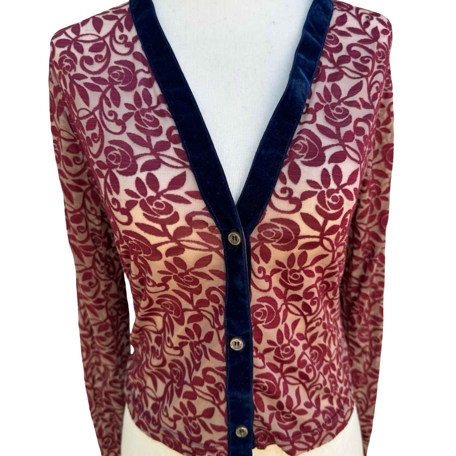 IS Y2K Sheer Devore Rose Cardigan Romantic Goth Burnout Velvet Trim Whimsigoth A