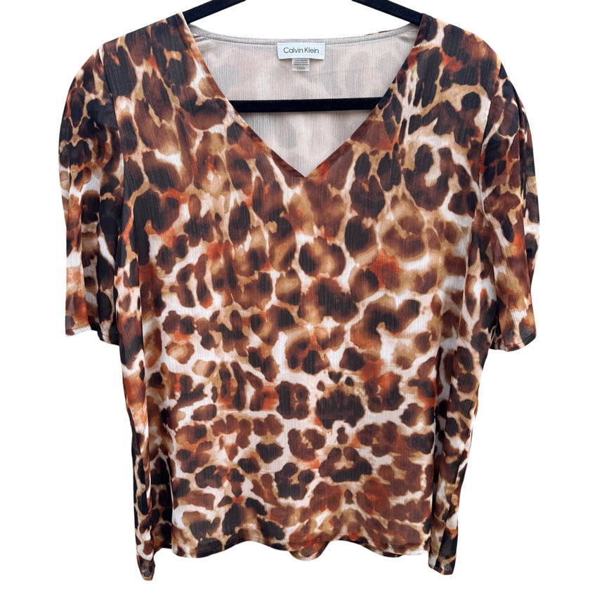 Calvin Klein Womens Leopard Print V-Neck Blouse Short Button Sleeves Flowy Party
