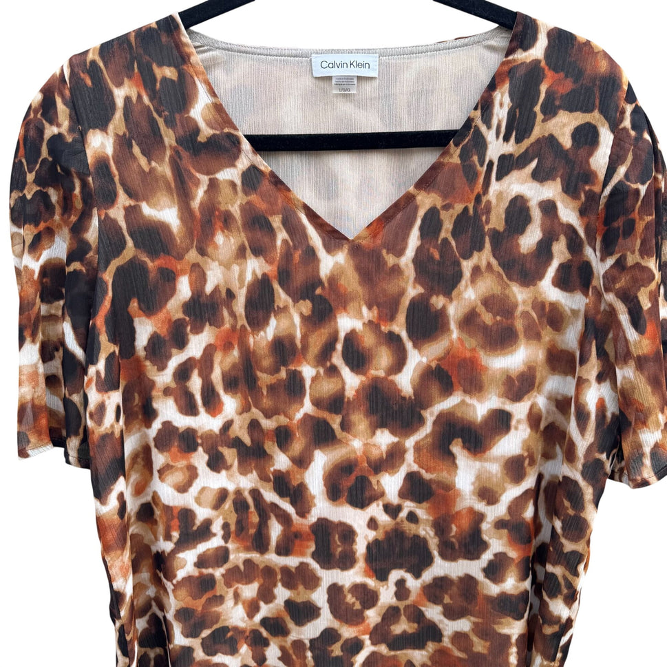 Calvin Klein Womens Leopard Print V-Neck Blouse Short Button Sleeves Flowy Party