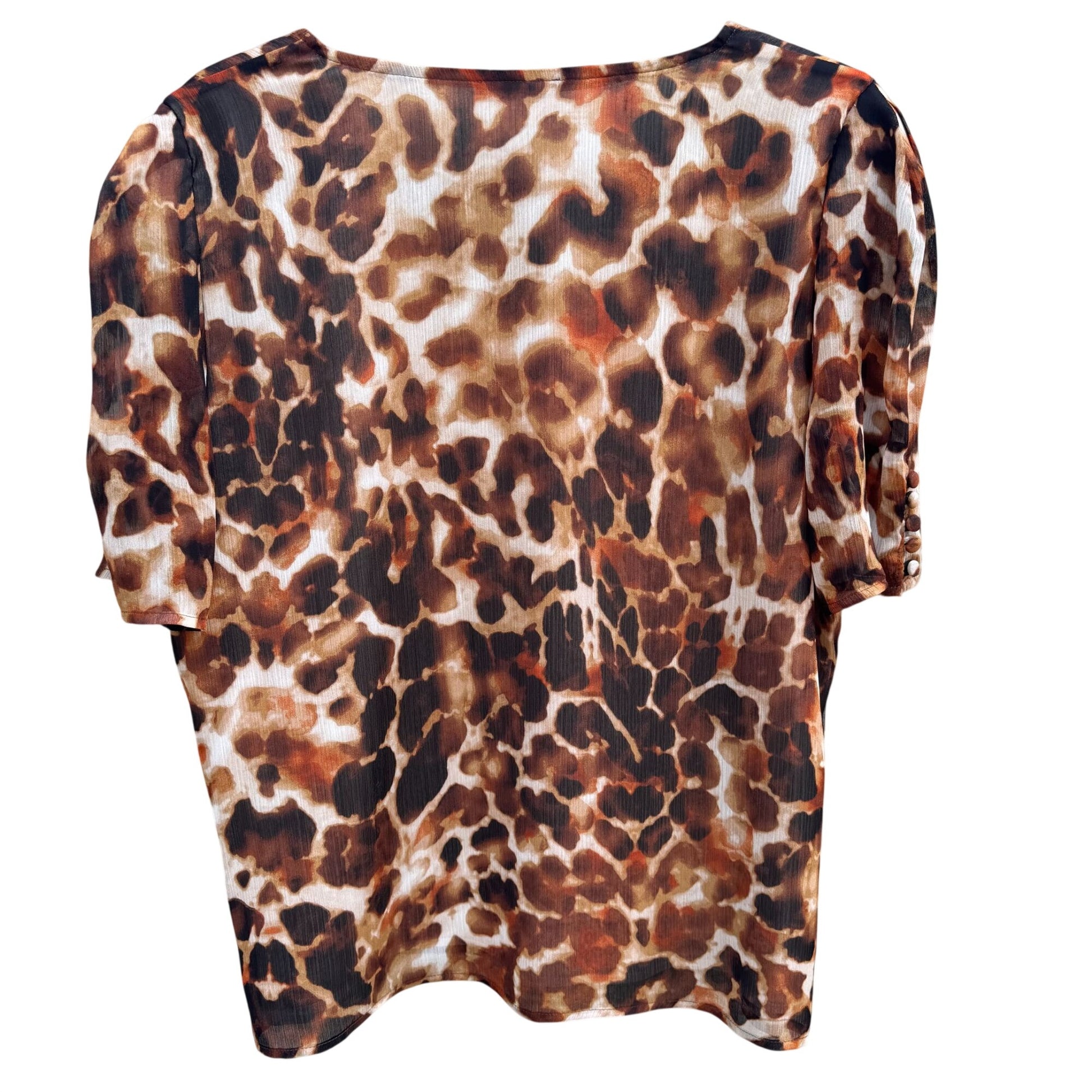 Calvin Klein Womens Leopard Print V-Neck Blouse Short Button Sleeves Flowy Party