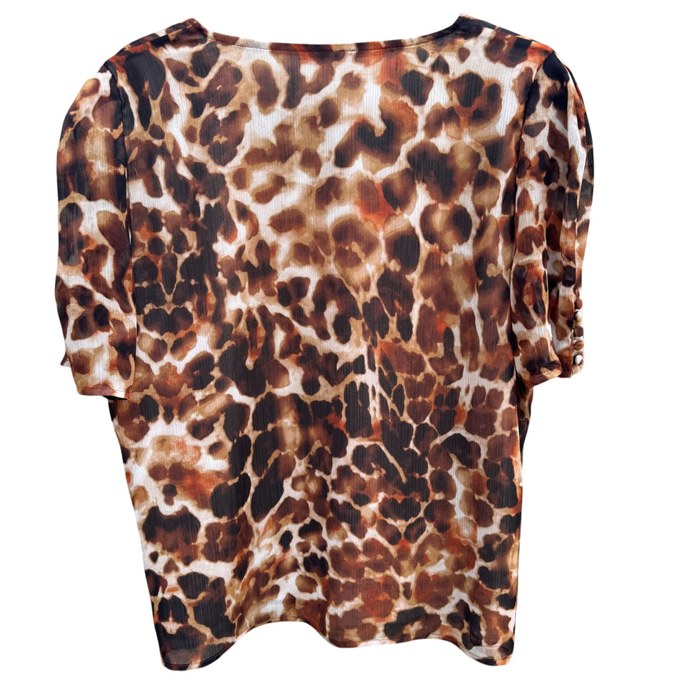 Calvin Klein Womens Leopard Print V-Neck Blouse Short Button Sleeves Flowy Party