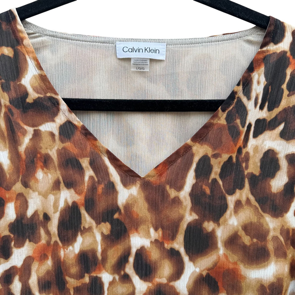 Calvin Klein Womens Leopard Print V-Neck Blouse Short Button Sleeves Flowy Party