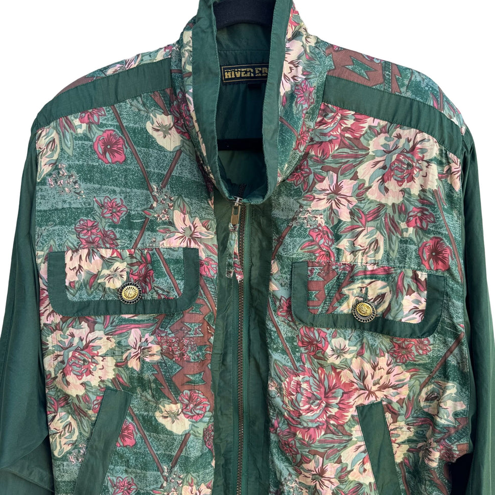 River Edge Vintage Green Silk Floral Zip Up Retro Bomber Shoulder Pads Jacket M