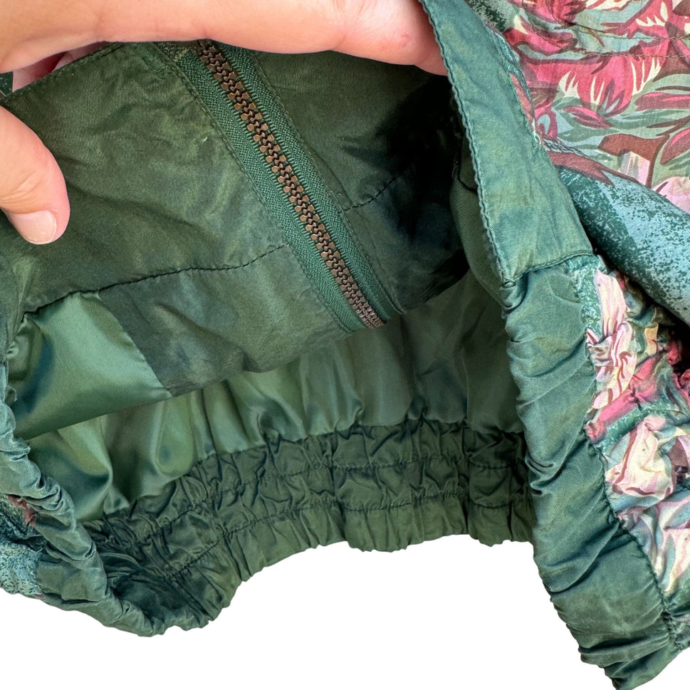 River Edge Vintage Green Silk Floral Zip Up Retro Bomber Shoulder Pads Jacket M