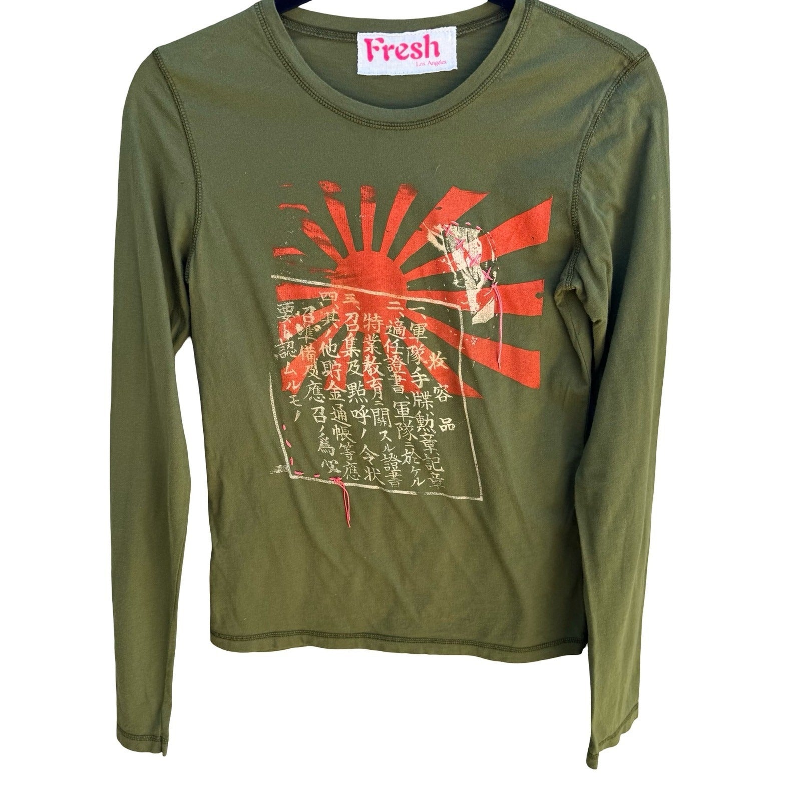 Fresh Los Angeles Y2K Grunge Harajuku Punk Olive Green Kanji Sun Graphic Shirt M