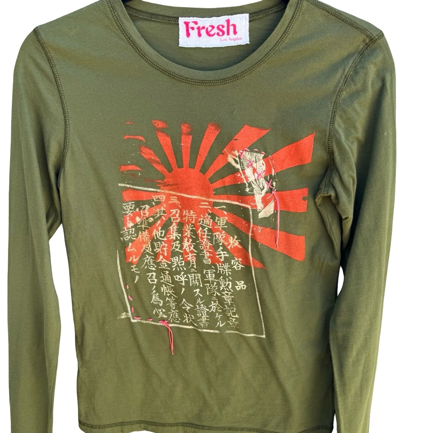 Fresh Los Angeles Y2K Grunge Harajuku Punk Olive Green Kanji Sun Graphic Shirt M