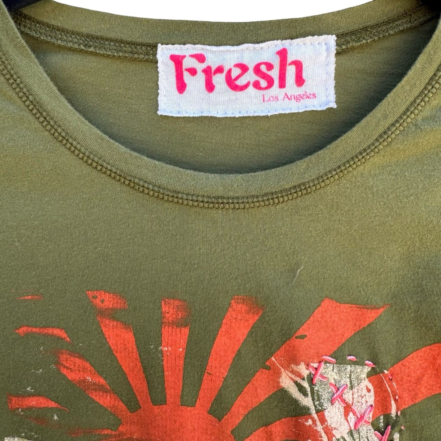 Fresh Los Angeles Y2K Grunge Harajuku Punk Olive Green Kanji Sun Graphic Shirt M