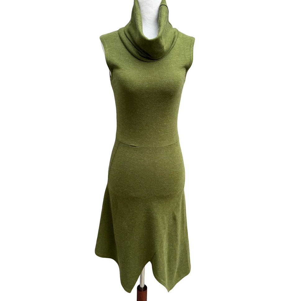Fidel Y2K Minimalist Layering Cowl Neck Asymmetrical Tulip Hem Knit Dress Olive