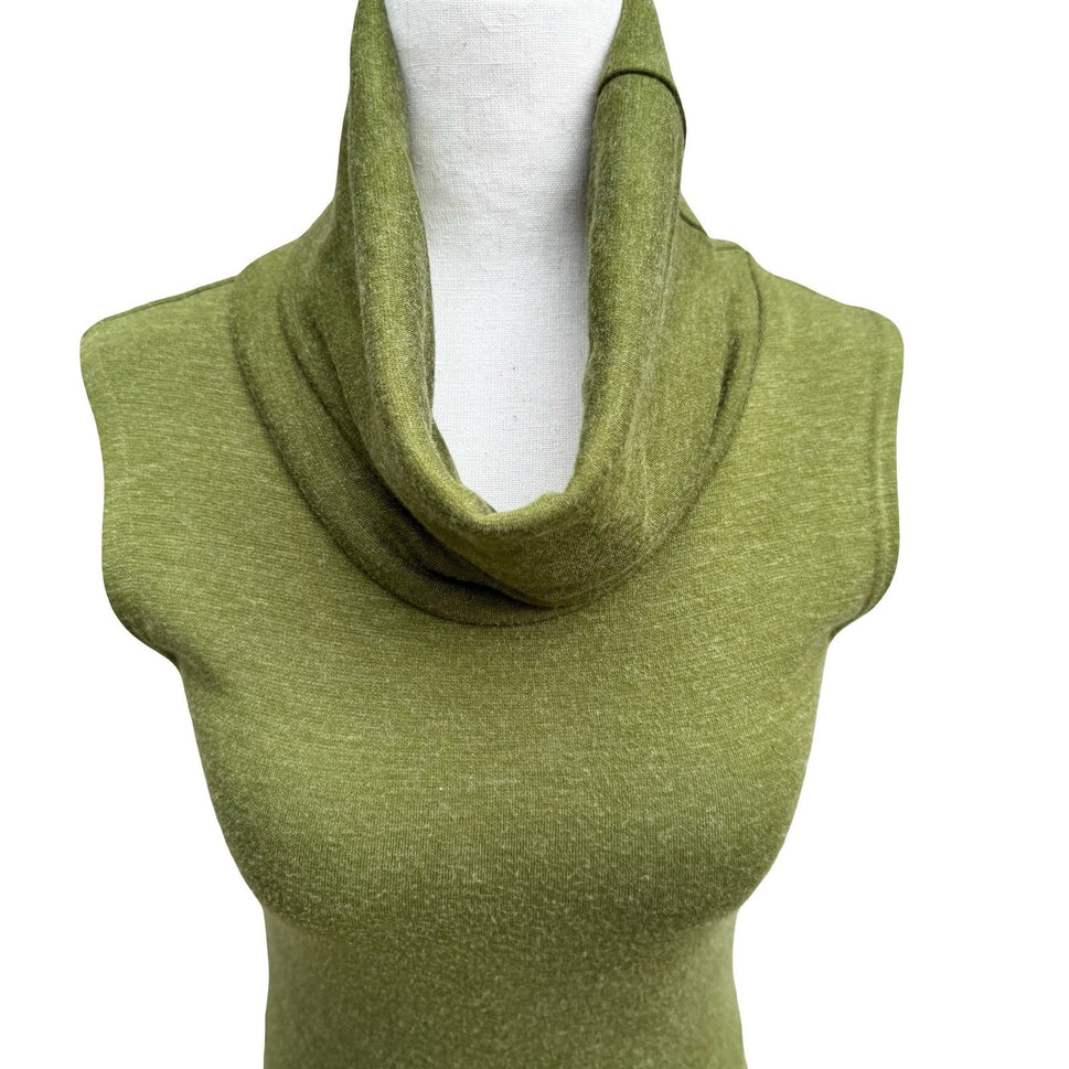 Fidel Y2K Minimalist Layering Cowl Neck Asymmetrical Tulip Hem Knit Dress Olive