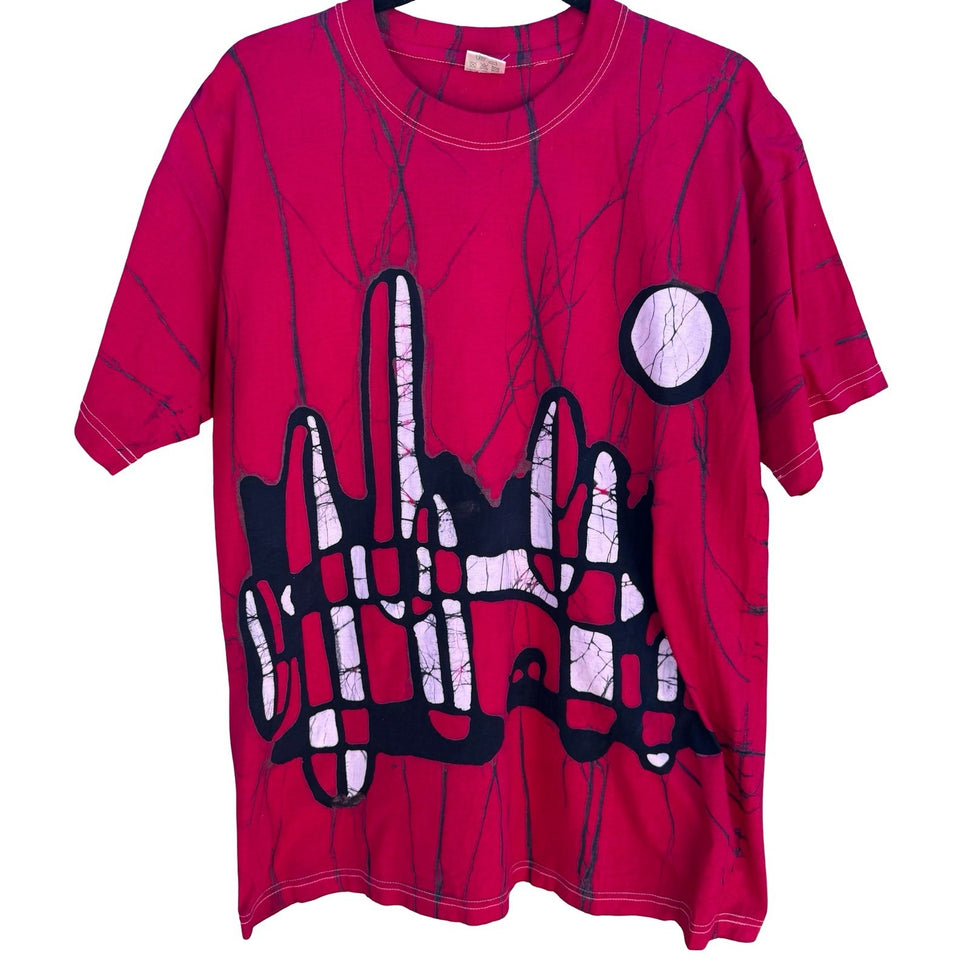 Vintage 90s Abstract Batik Graphic Shirt Red XXL Cotton Tee Art To Wear Eclectic