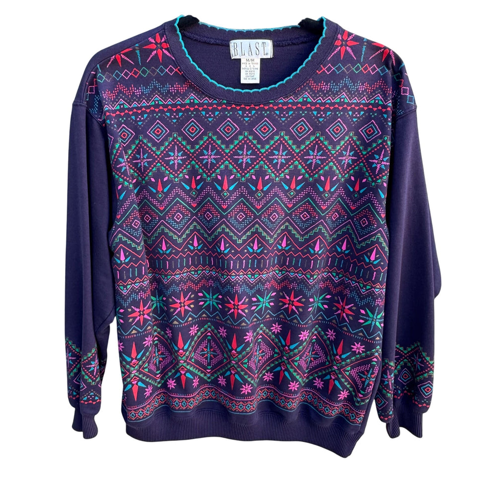 Blast Vintage 80s Cottage Geometric Purple Long Sleeve Pullover Sweatshirt M