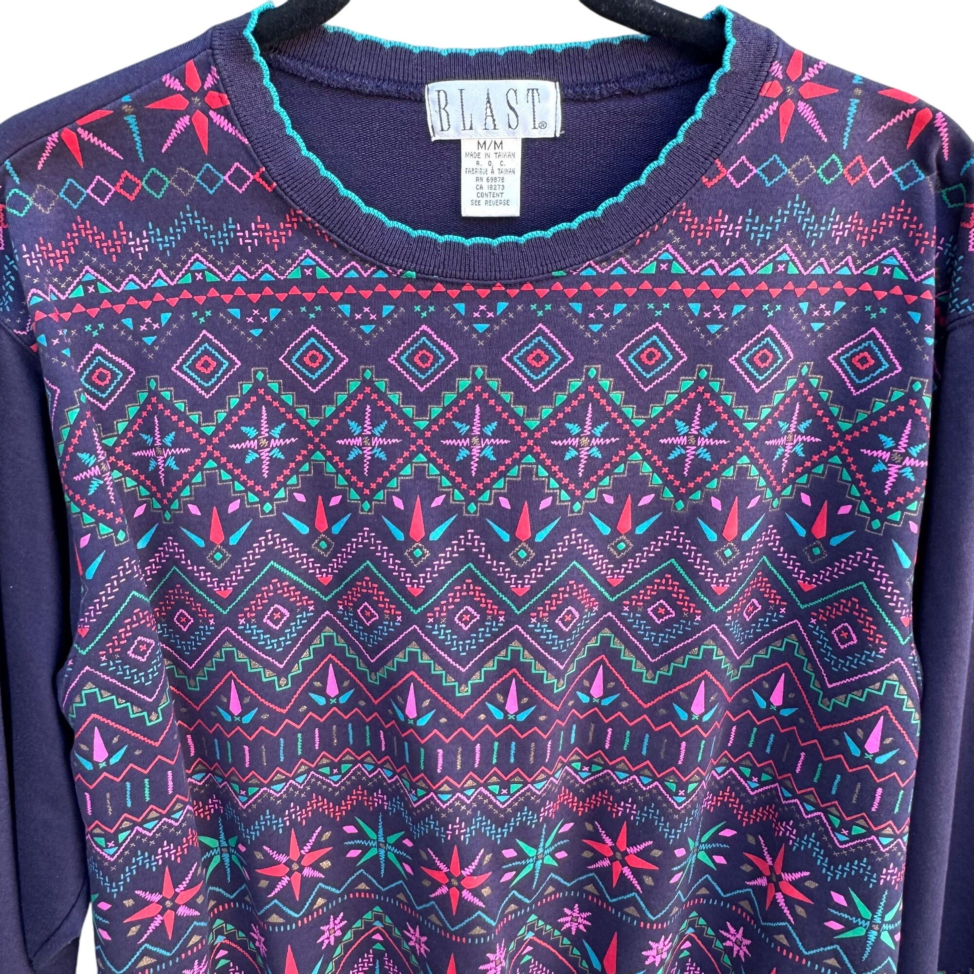 Blast Vintage 80s Cottage Geometric Purple Long Sleeve Pullover Sweatshirt M