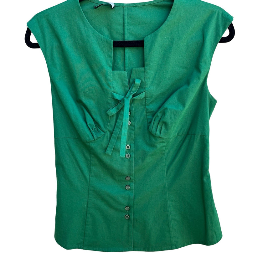 Garize Minimalist Tailored Preppy Tie Front Sleeveless Clean Girl Blouse Green S