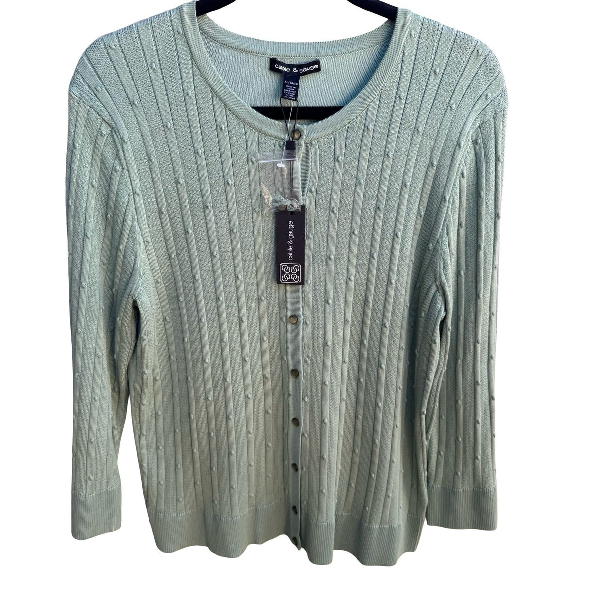 Cable & Gauge Minimalist Pastel Green Pointelle Popcorn Knit Cardigan L NEW