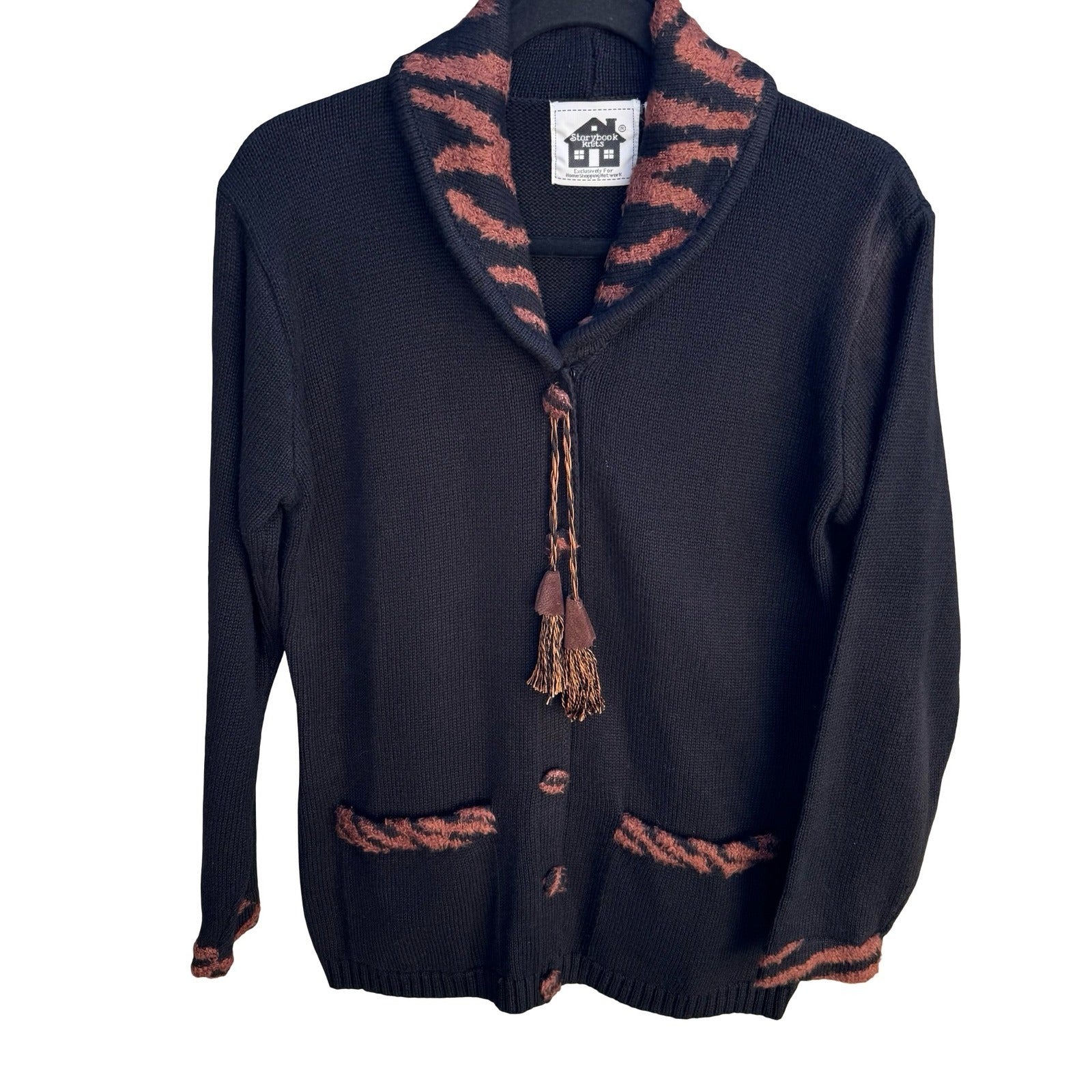 Storybook Knits Black Shawl Collar Cardigan Animal Print Tassels Size S Vintage