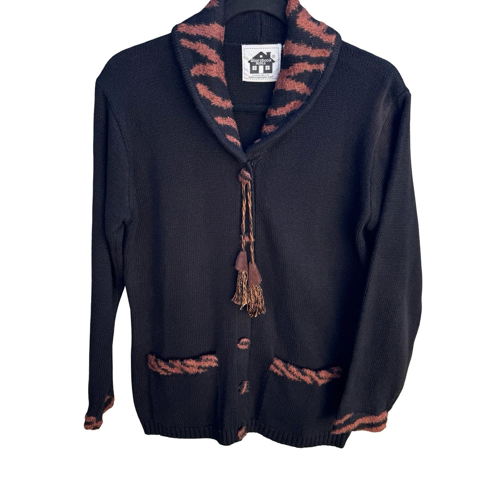 Storybook Knits Black Shawl Collar Cardigan Animal Print Tassels Size S Vintage
