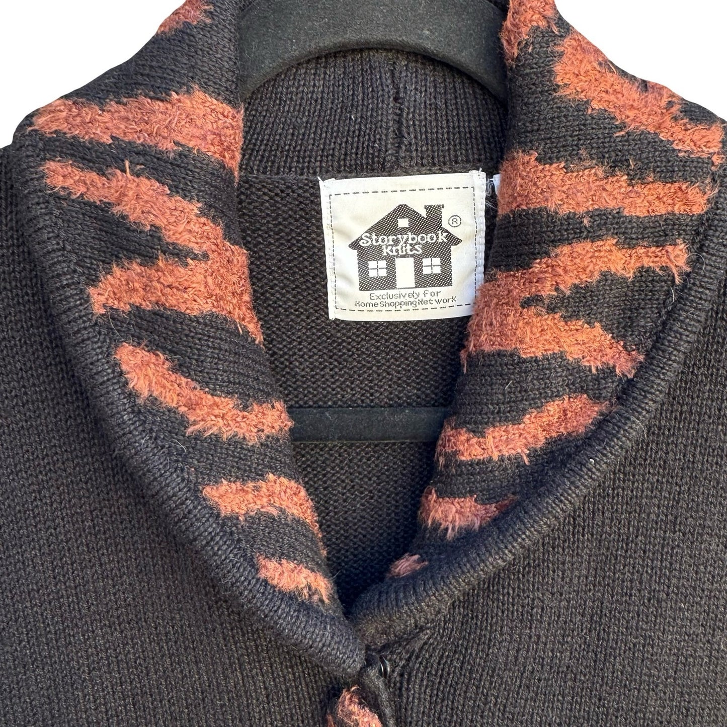Storybook Knits Black Shawl Collar Cardigan Animal Print Tassels Size S Vintage